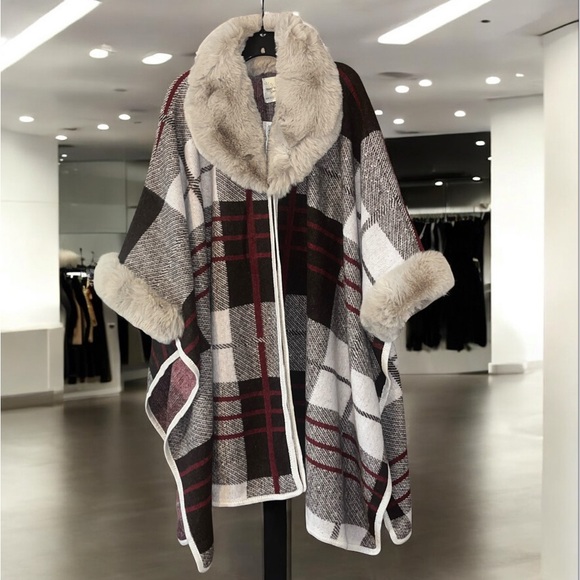 Wear To Love Sweaters - Plaid Faux Fur Trim Poncho / Sweater Cape